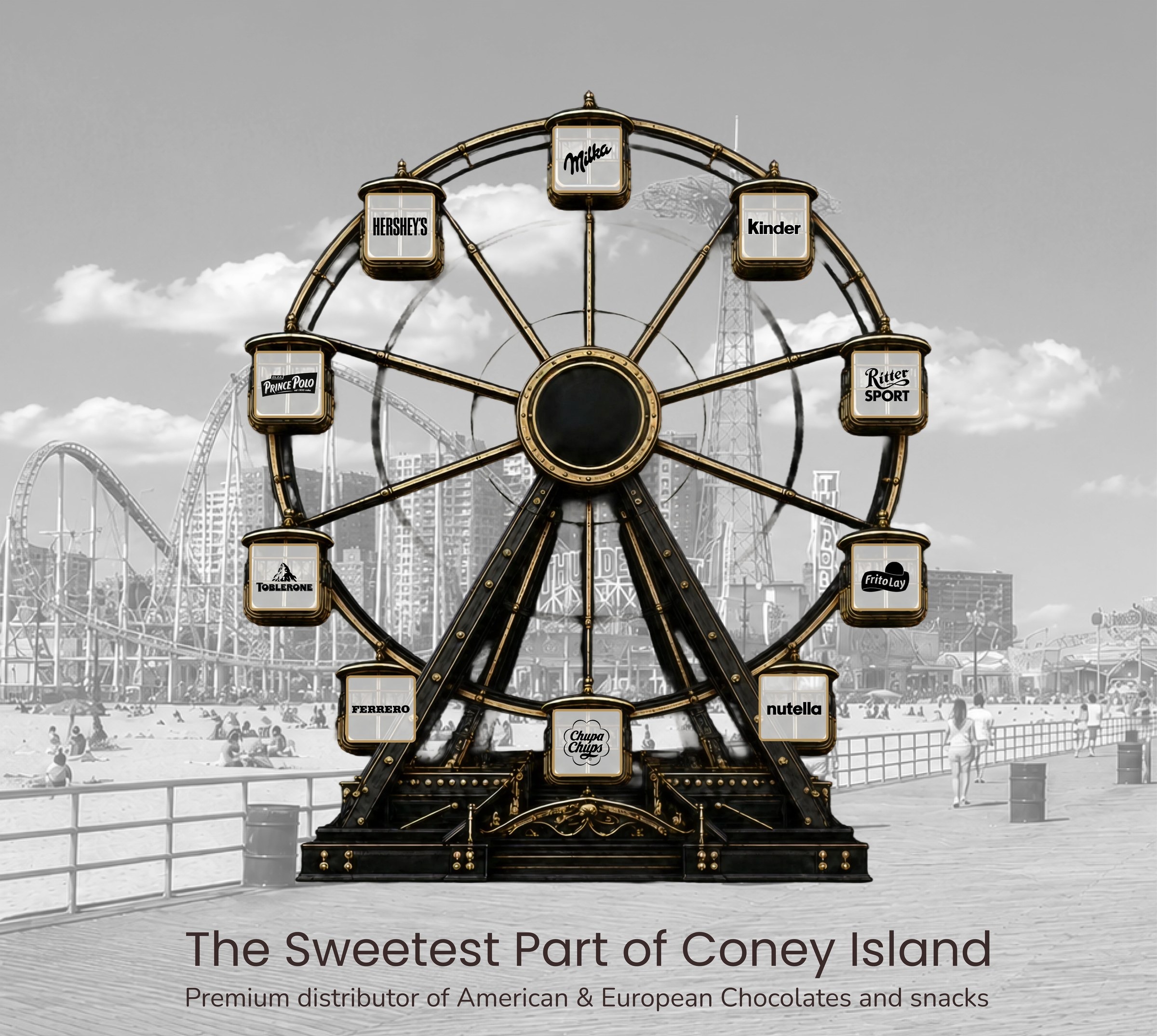 First Class Distribution Ferris wheel on the Coney Island boardwalk — The Sweetest Part of Coney Island. Premium distributor of American & European Chocolates and snacks.